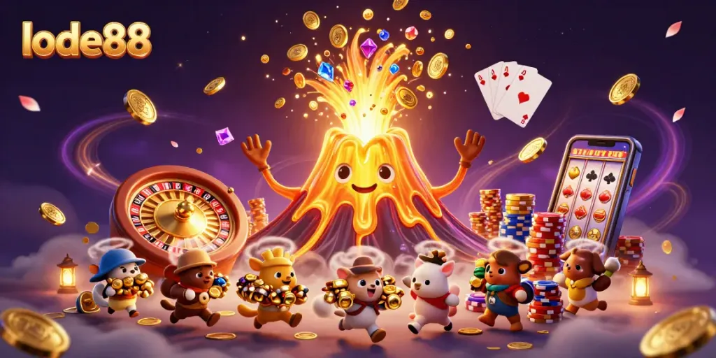 Experience exciting gameplay with lode88 as treasure erupts from a volcano, surrounded by casino elements.