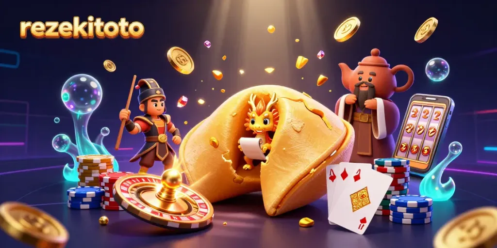 Play interactive slots and table games on rezekitoto with golden coins and exciting fortune-telling characters.