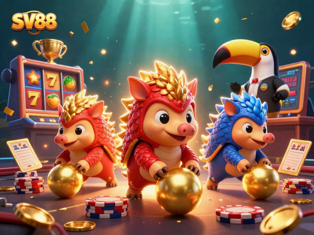 SV88 pangolins compete in a vibrant casino scene with slots and sparkling elements.