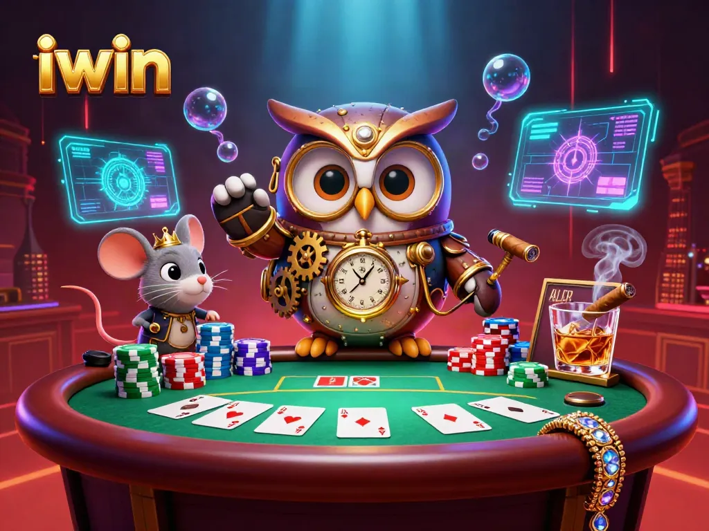 iwin casino features an owl character and poker elements in a dynamic, colorful scene.