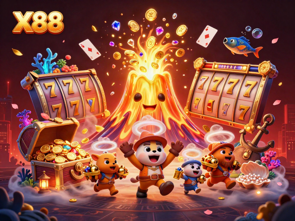 X88 offers an exciting casino experience with vibrant slot reels and treasure, engaging players in epic gaming.