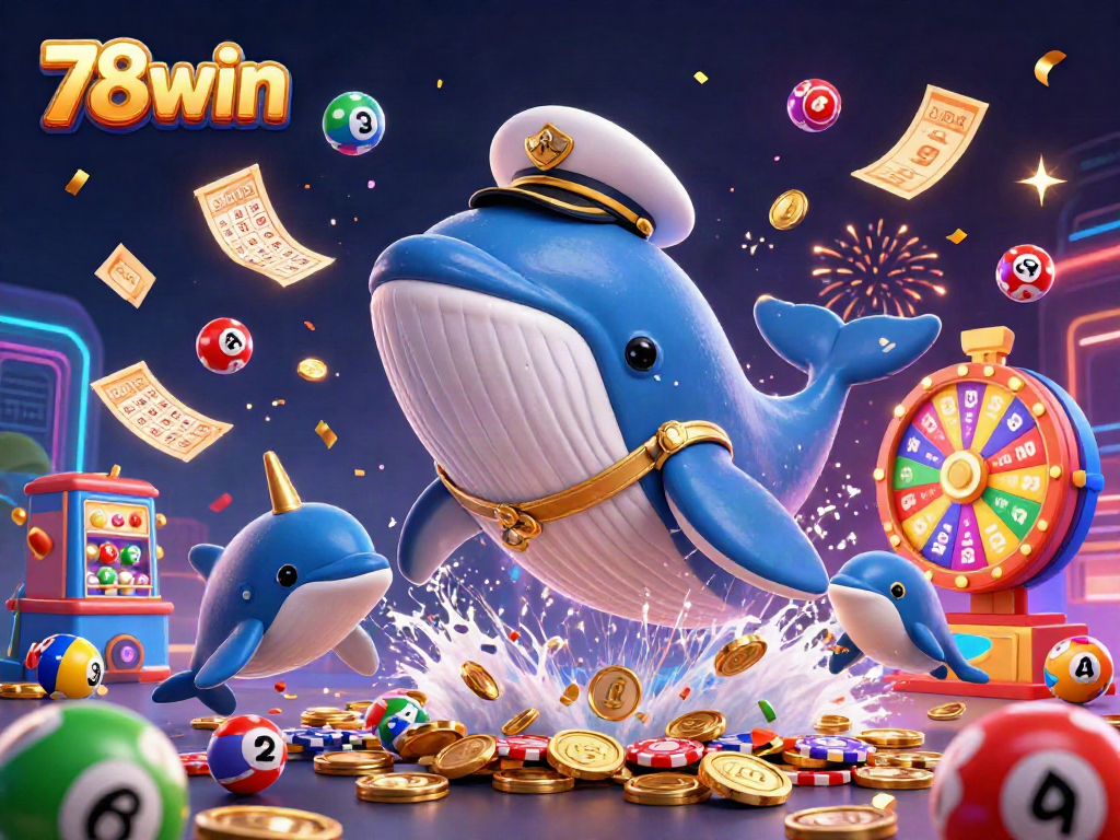 Engage with 78win's lottery extravaganza featuring a whale, narwhal, and dolphins among colorful game elements.