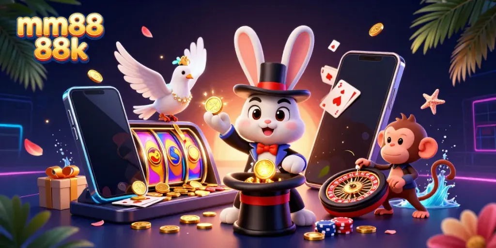 Experience the excitement of mm88 88k with this vibrant illustration showcasing a magician, a dove, and a monkey among casino elements.