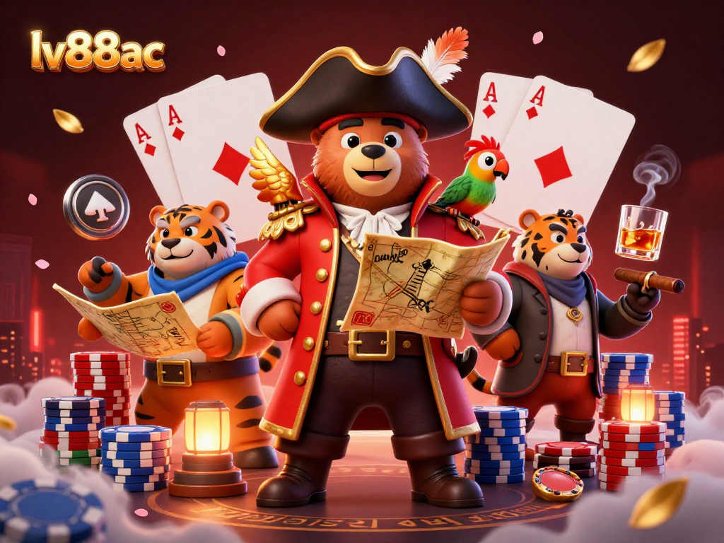 Play exciting casino games at lv88ac with vibrant colorful chips and a pirate captain bear!