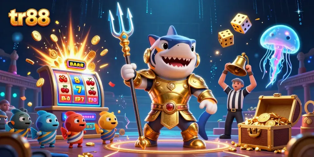 Spin the reels at tr88 with a thrilling 3D tiger shark adventure and vibrant casino elements.