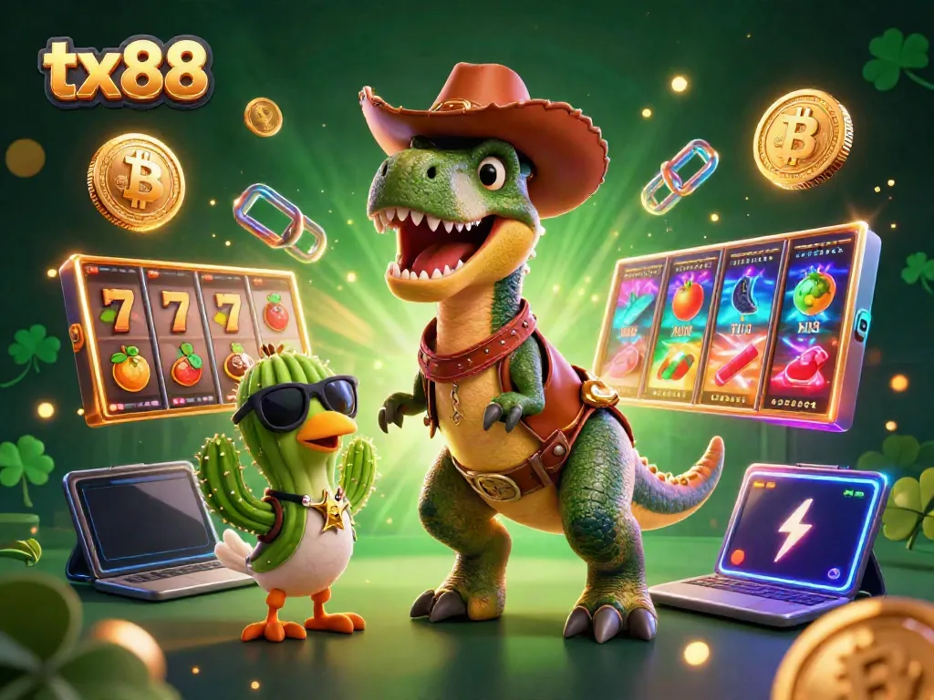 Engage in exciting casino action with tx88 featuring a 3D dinosaur surrounded by slots and crypto elements.