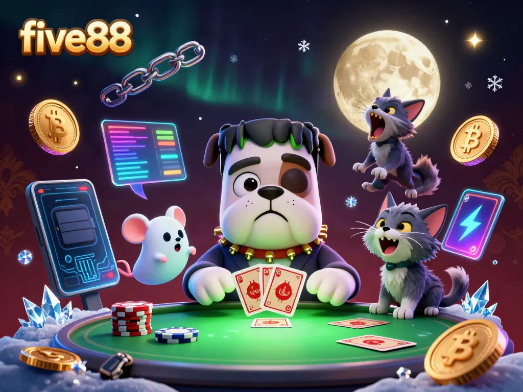 Play cards with the five88 bulldog dealer, surrounded by crypto coins and an enchanting atmosphere.