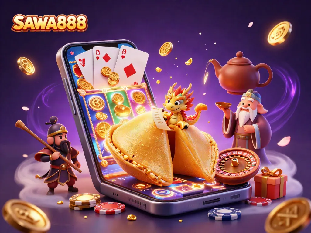 Engage with the vibrant world of SAWA888 through a dynamic 3D casino illustration featuring slots and characters.