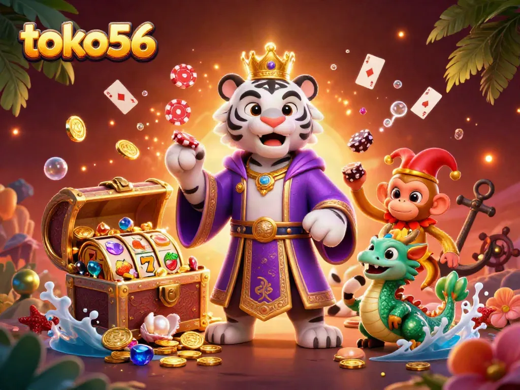 Experience the captivating world of toko56 with a dazzling casino scene featuring a royal tiger, playful monkey, and glowing treasures.