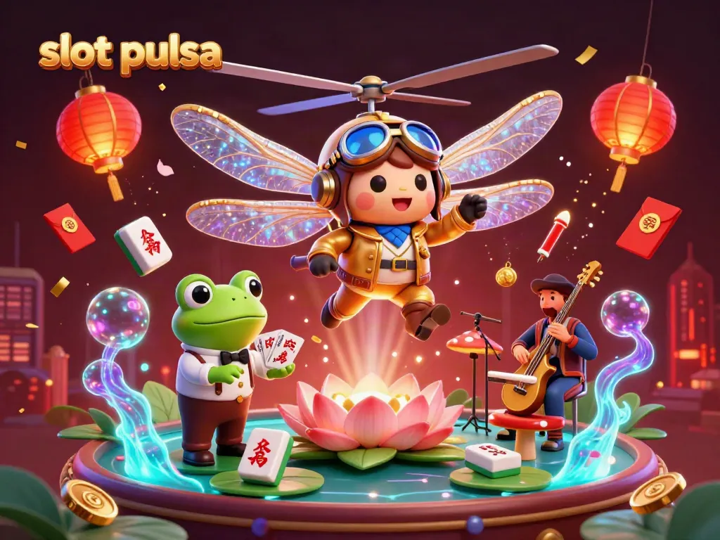 Experience thrilling slot pulsa action in this vibrant 3D illustration featuring a dragonfly pilot and frog croupier.