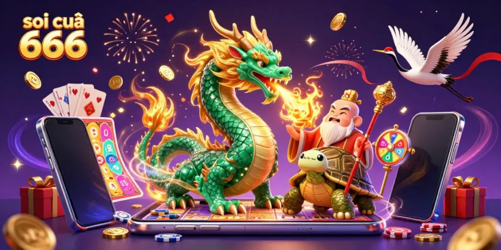 Engage with soi cầu 666, featuring a majestic jade dragon, wise turtle sage, and lucky cranes with lottery elements
