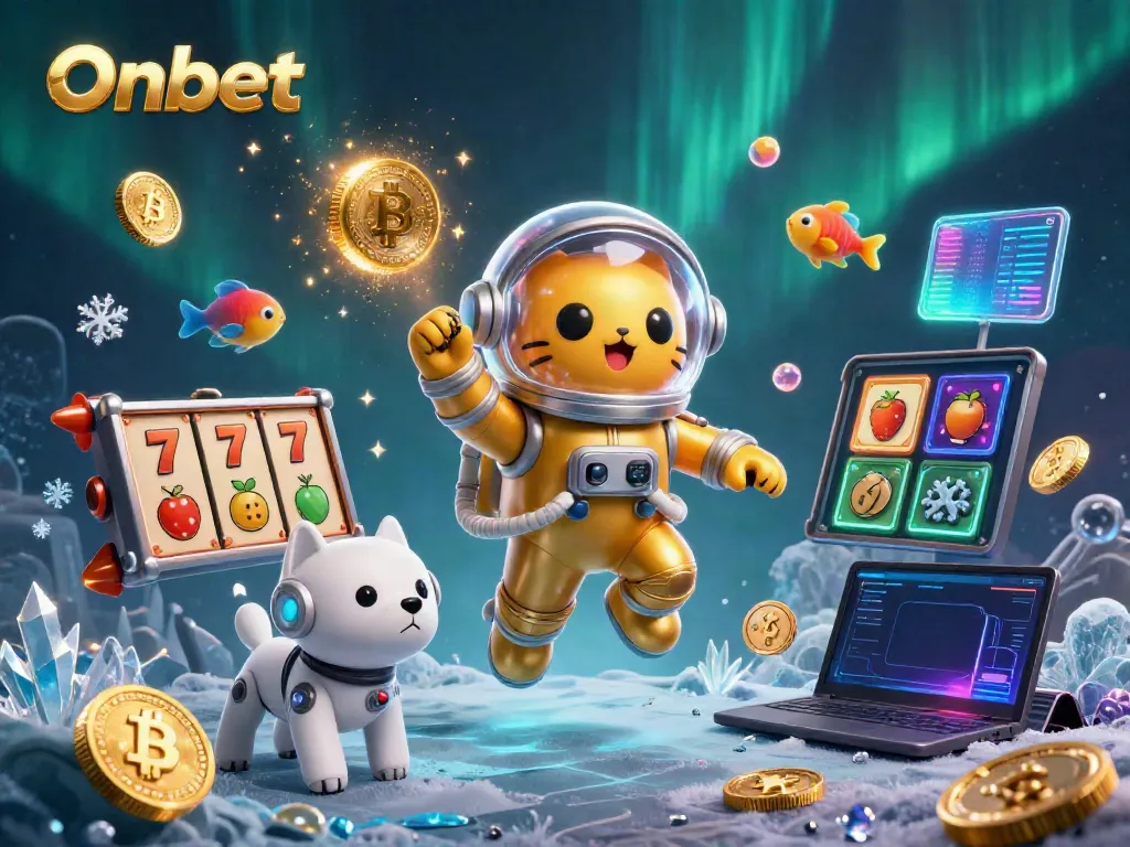 Spin the reels with Onbet: A vibrant illustration of an astronaut cat exploring exciting slot adventures in zero gravity.
