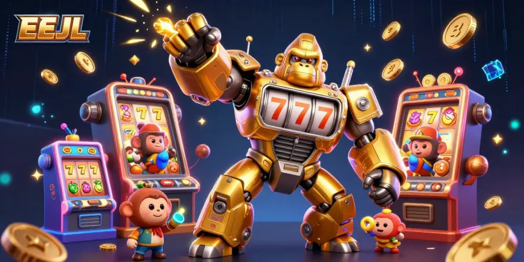 Engage with the exciting casino world of EEJL through a dynamic illustration of a golden mech and symbols.