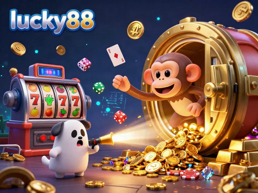 Experience lucky88 thrills with a vibrant poltergeist monkey and ghost-hunter puppy in a haunted casino scene.