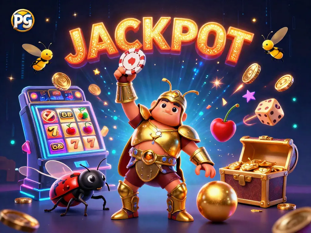 Engage with pg casino excitement as a golden beetle celebrates a jackpot victory amid vibrant slot game visuals.