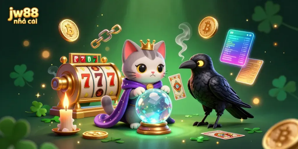 Engage with jw88 nhà cái through this vibrant 3D casino illustration featuring a mystic cat and glowing elements.