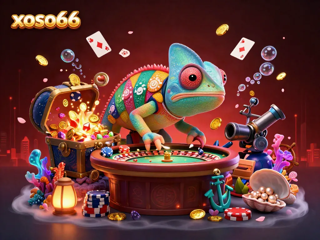 Engage with the thrilling world of xoso66, where a vibrant chameleon owner captures golden coins amidst a dynamic casino environment.