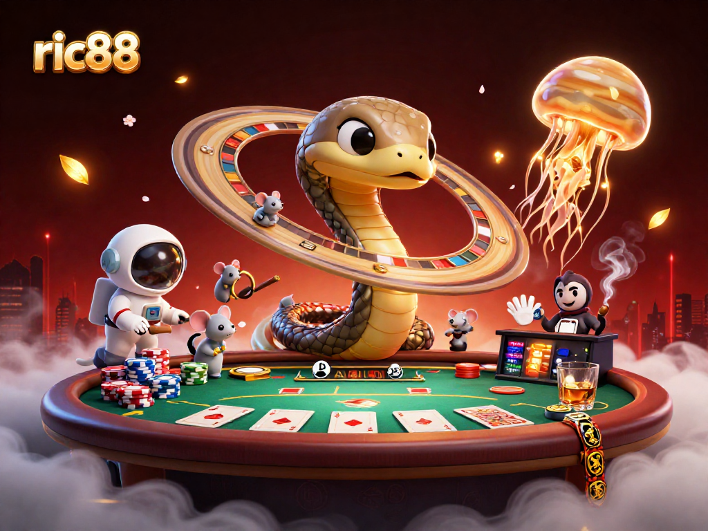 Experience the thrill of ric88 with an exciting cosmic casino illustration featuring a roulette wheel and poker elements.