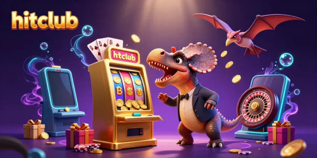 hitclub's pachycephalosaurus wins jackpot coins at a golden slot machine in a vibrant casino scene