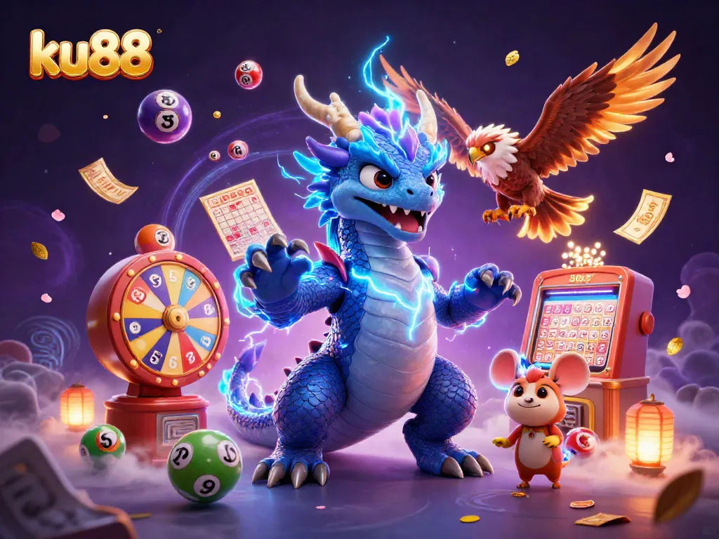 Engage with ku88 in a vibrant casino-themed 3D illustration featuring dynamic characters and exciting gaming elements.