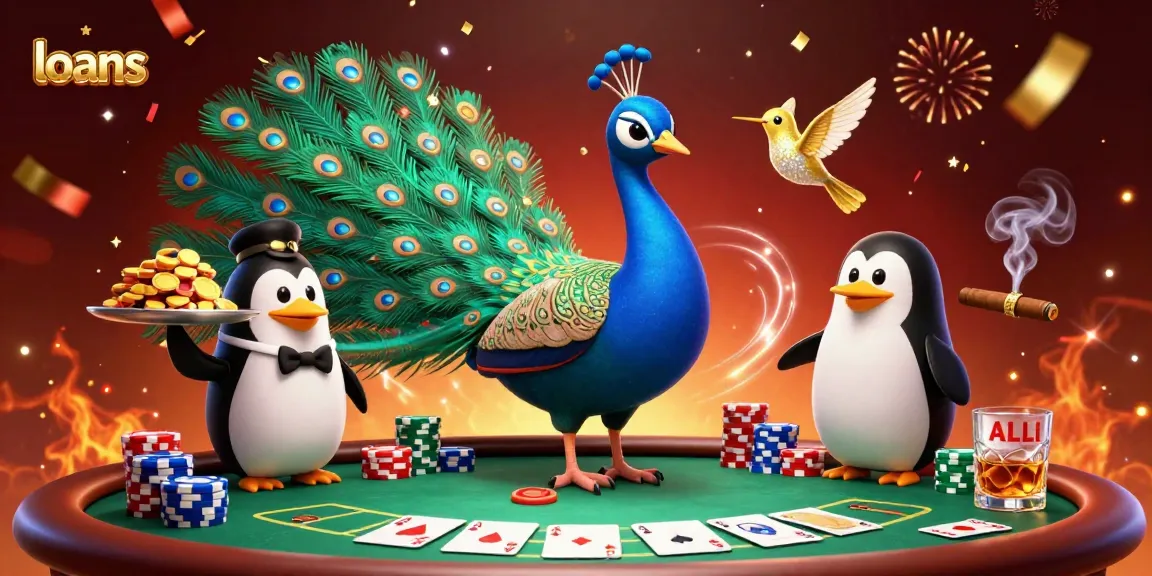 Discover loans as the peacock spreads its gem-feathered tail amidst a vibrant casino scene.