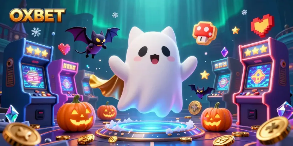 Experience thrilling gaming adventures at OXBET with a ghost cat and bat in a vibrant casino.