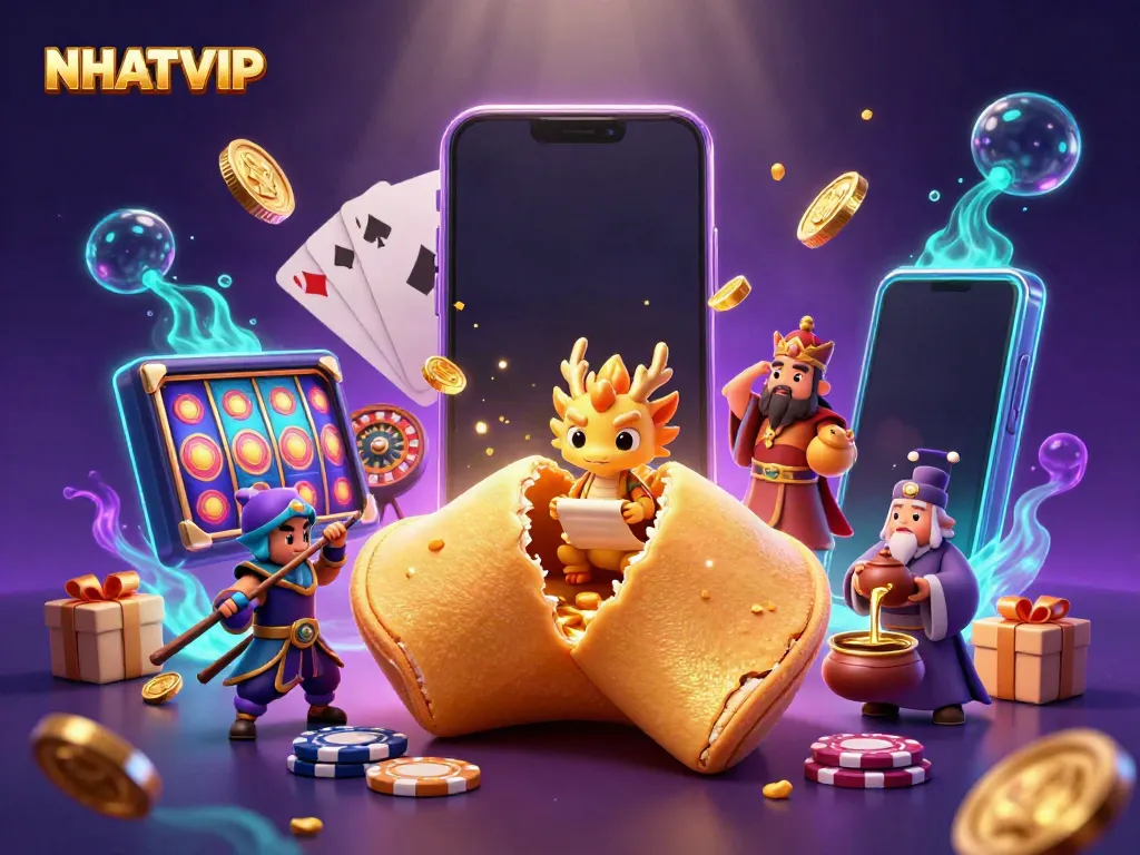 Engage with NHATVIP's exciting world of rich casino imagery featuring a fortune cookie and dragon, enriching the game experience.
