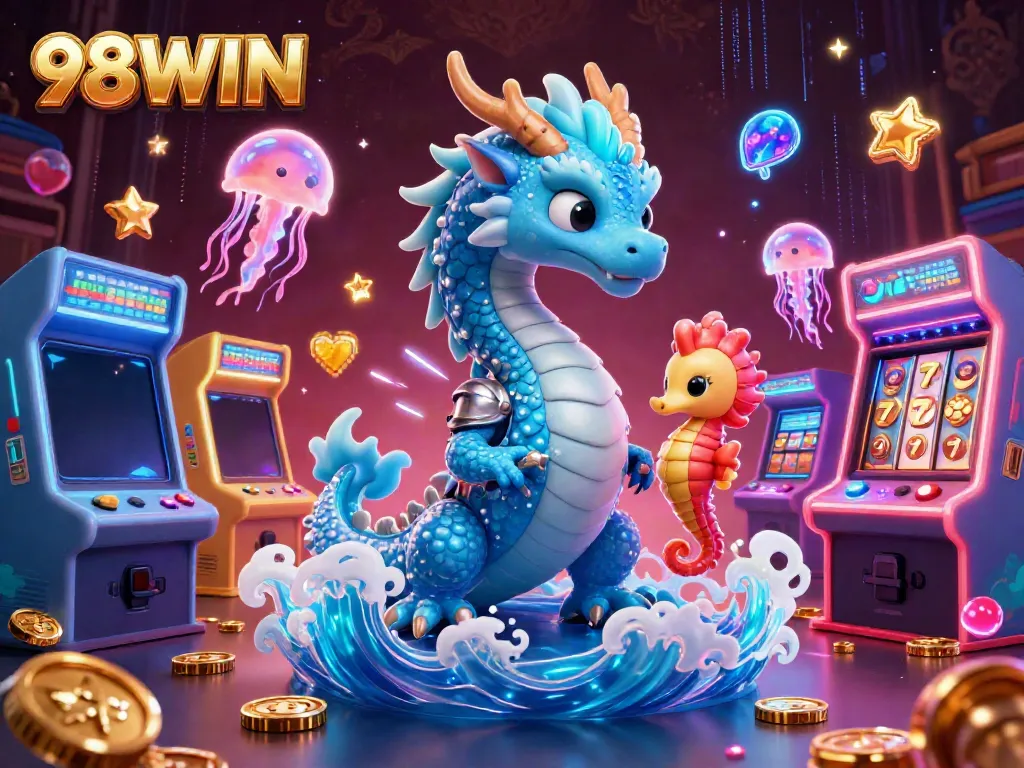 Engage with the thrilling world of 98WIN featuring vibrant casino elements and characters.