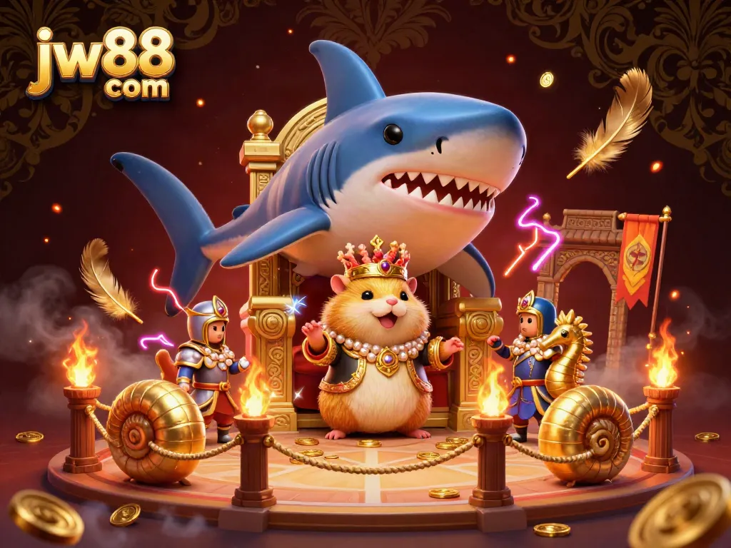 Spin and win at jw88 com with a vibrant 3D casino illustration featuring a hamster king and royal guards.