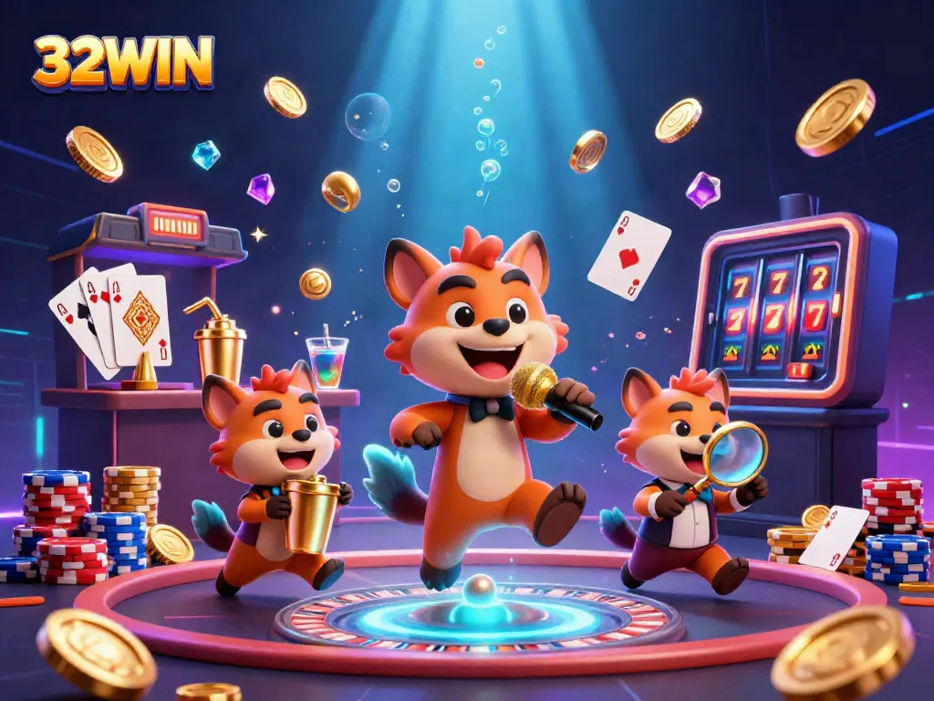 Experience the excitement of 32WIN where hyenas manage a lively casino with golden coins and gems.