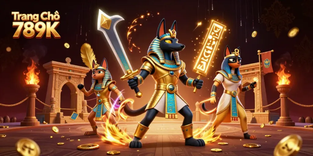 Experience the excitement of Trang Chủ 789K with ancient warriors and glowing hieroglyphs in a lavish 3D casino scene.