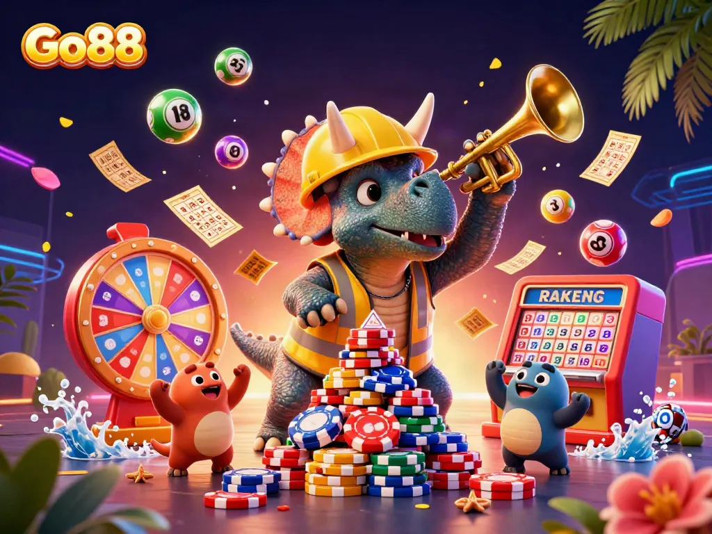 Experience the excitement of Go88 with cartoon dinosaurs celebrating amidst gambling elements in a colorful casino scene.