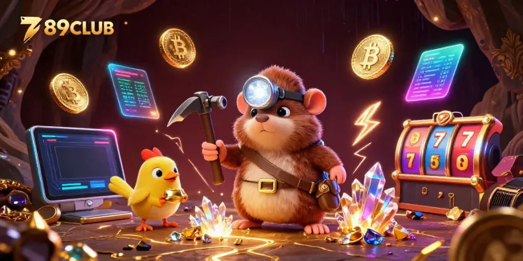 Experience the thrill of 789CLUB with a treasure hunter mole and golden gems in a vibrant casino scene.