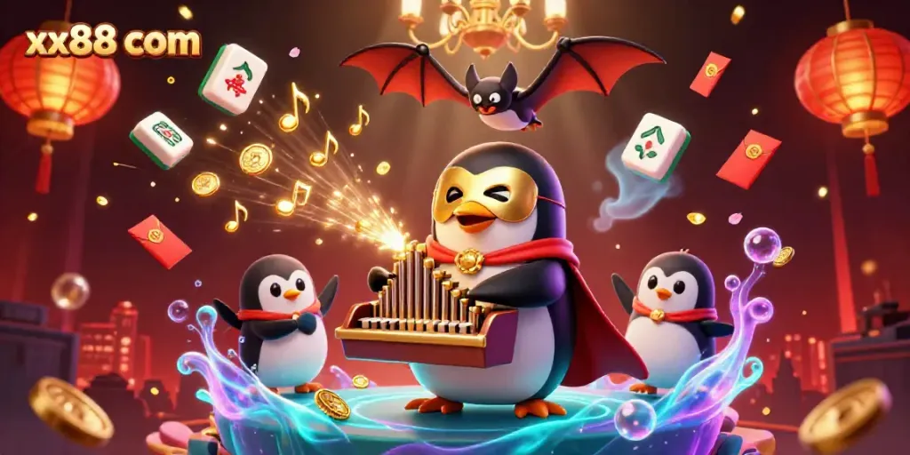 Join the fun at xx88 com with a vivid, dynamic scene featuring a penguin playing an organ shooting coins, perfect for casino enthusiasts.
