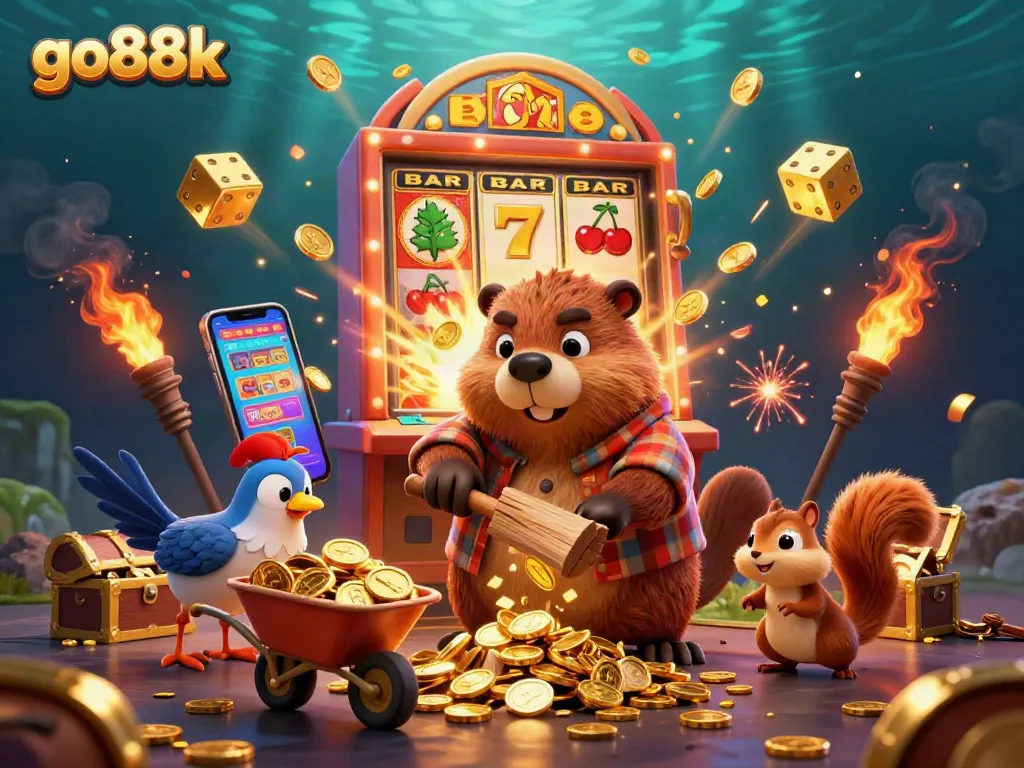 Spin the reels at go88k with vibrant cartoon characters celebrating a jackpot explosion.