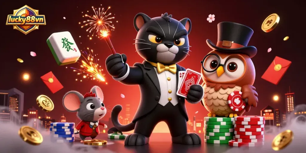 Engage with lucky88vn online casino as a stylish panther deals cards amidst festive decor and rich gambling elements.