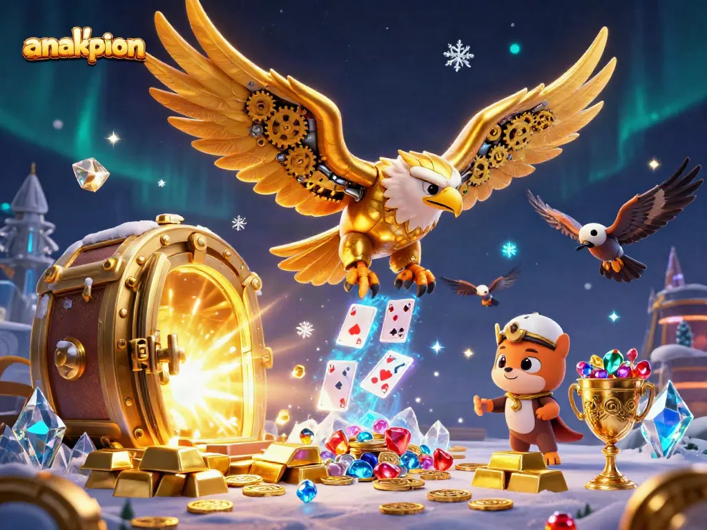 Anakpion features an illustrated cybernetic eagle soaring through holographic playing cards amidst dazzling casino treasures.