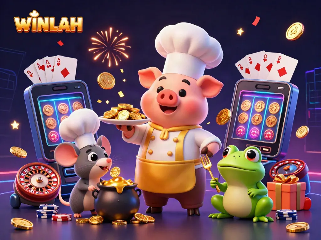 WINLAH promotes exhilarating casino experiences with a 3D chef pig, gold coins, and vibrant game elements.