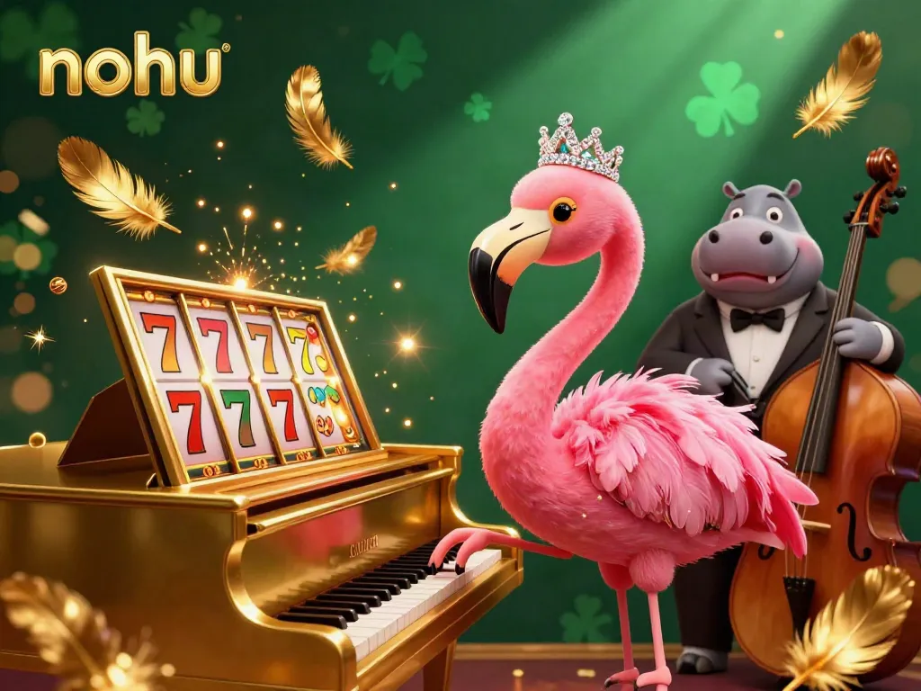 Nohu casino scene featuring a flamingo singer and hippo bassist surrounded by dynamic gaming elements