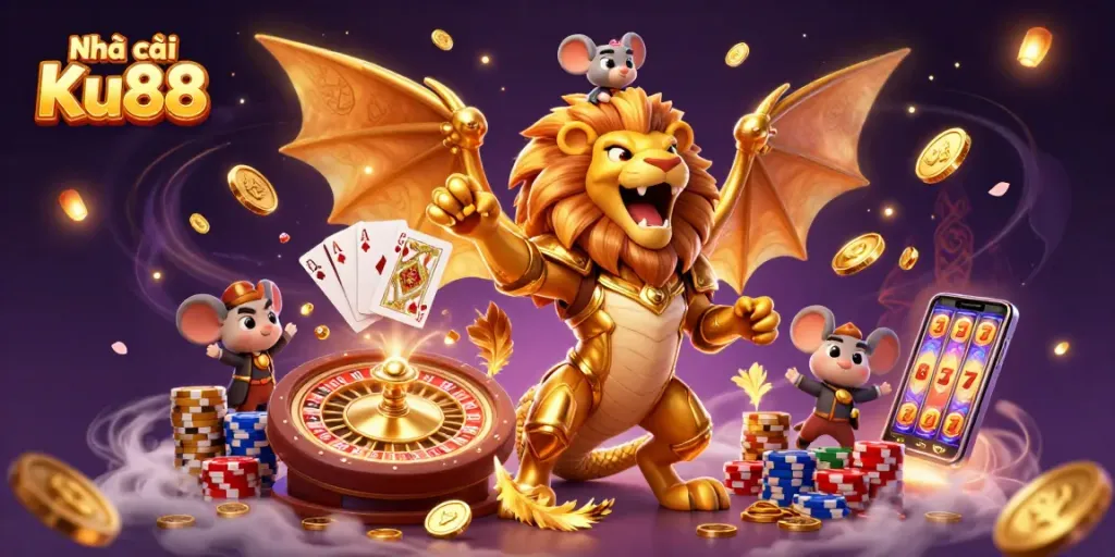 Experience the thrill of Nhà cái Ku88 with golden coins and vibrant casino elements.