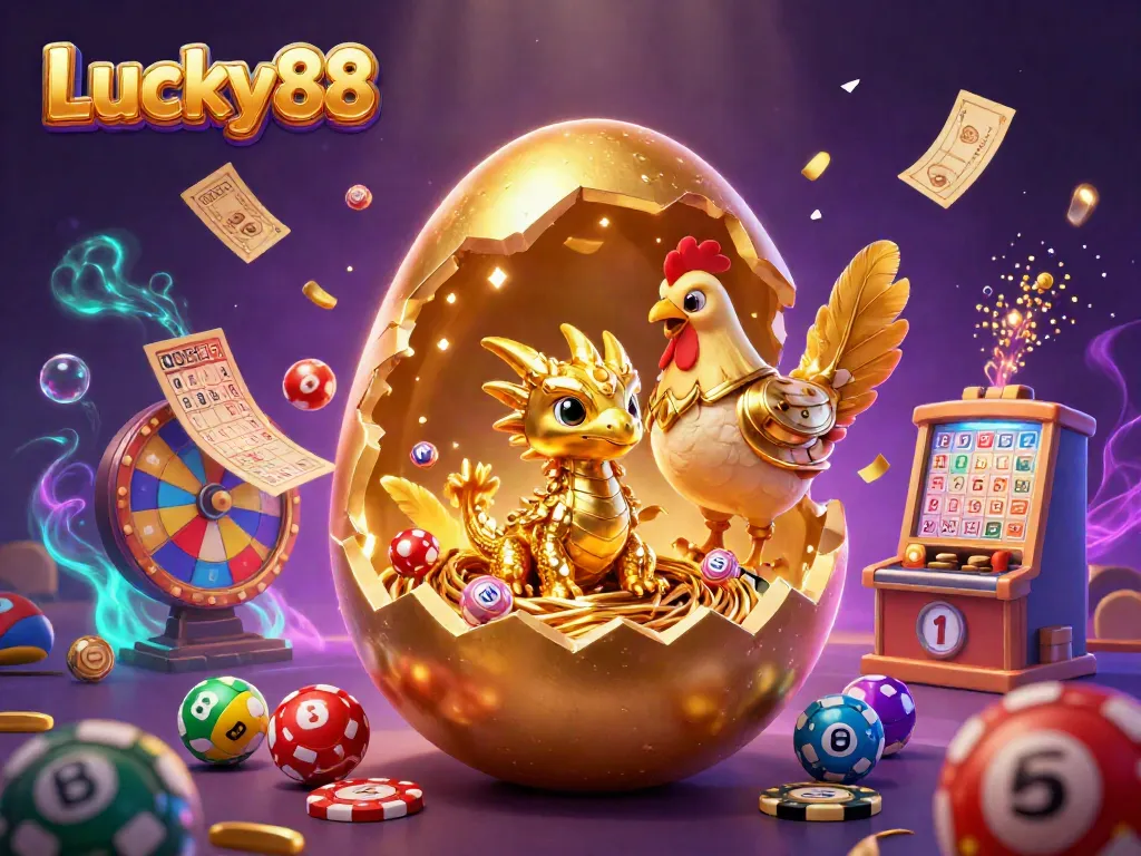 Engage with Lucky88 in a vibrant casino scene featuring a golden egg, golden dragon, and lively gaming elements.