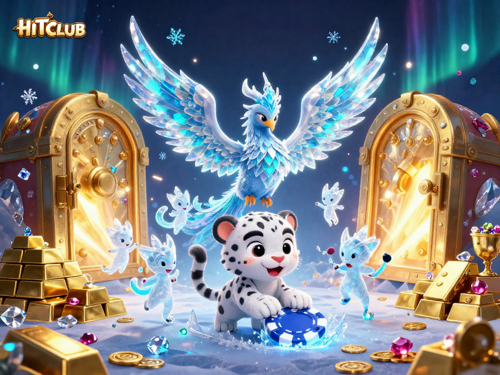 Play exciting games at HITCLUB with a magical 3D casino illustration featuring vibrant characters and treasures.