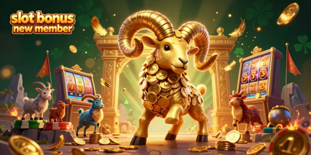 Experience thrilling gameplay with the slot bonus new member as the golden ram charges through a vibrant casino.