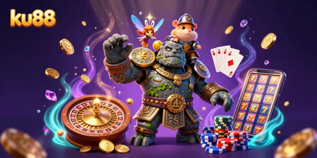 Experience exciting gameplay at ku88 with captivating characters in a lively 3D casino scene.