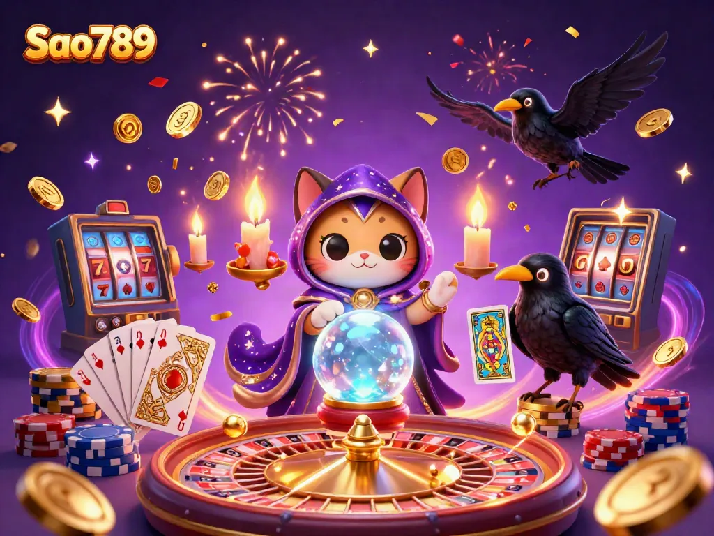 Sao789 offers immersive gaming with a mystic cat, raven, and candle flames amidst casino elements.