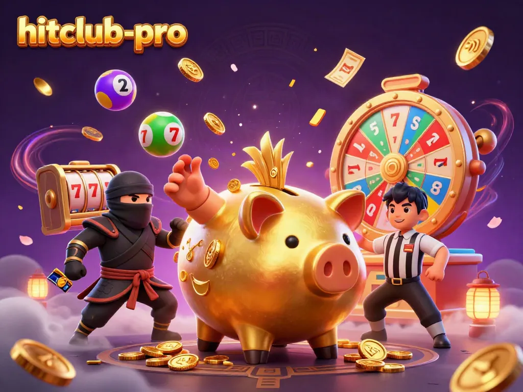 Engage with hitclub-pro's vibrant casino experience featuring a golden piggy bank sumo wrestler and dynamic gaming elements.