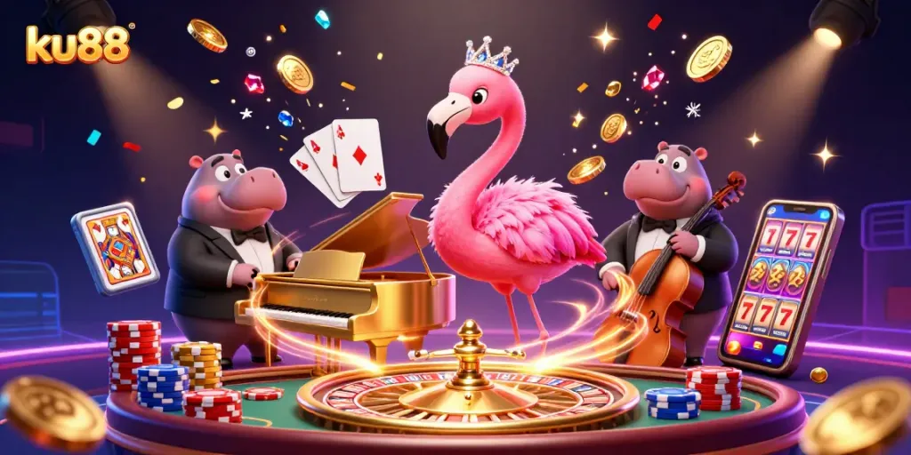 Experience thrilling gaming at ku88 with vibrant casino elements and charismatic characters.