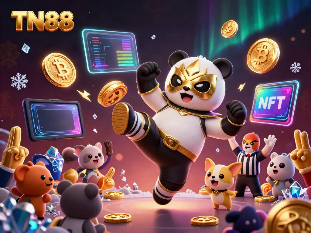 Witness the action-packed TN88 scene with a cartoon wrestler panda performing a kick amidst crypto elements.