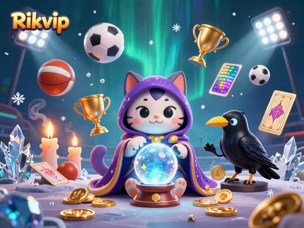 Experience thrilling gaming at Rikvip with a vibrant casino scene featuring mystical elements and dynamic sports action.