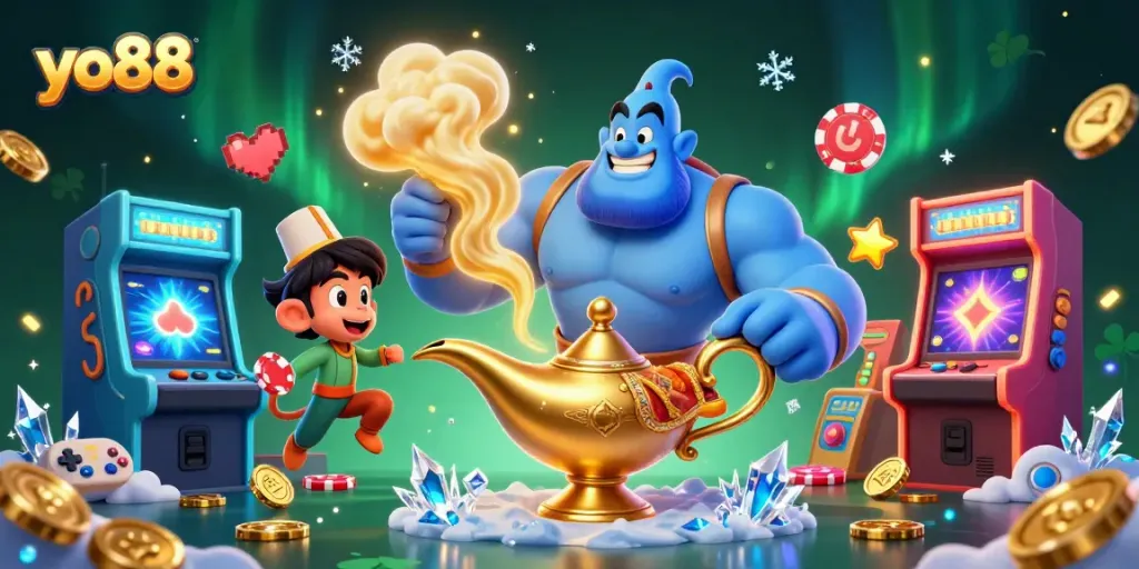 Experience excitement with yo88's vibrant 3D genie and magical casino elements, bringing gaming to life.